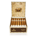 An open box of New World Connecticut cigars, featuring smooth, light-colored wrappers and detailed cigar bands