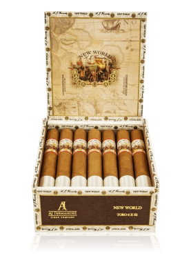An open box of New World Connecticut cigars, featuring smooth, light-colored wrappers and detailed cigar bands