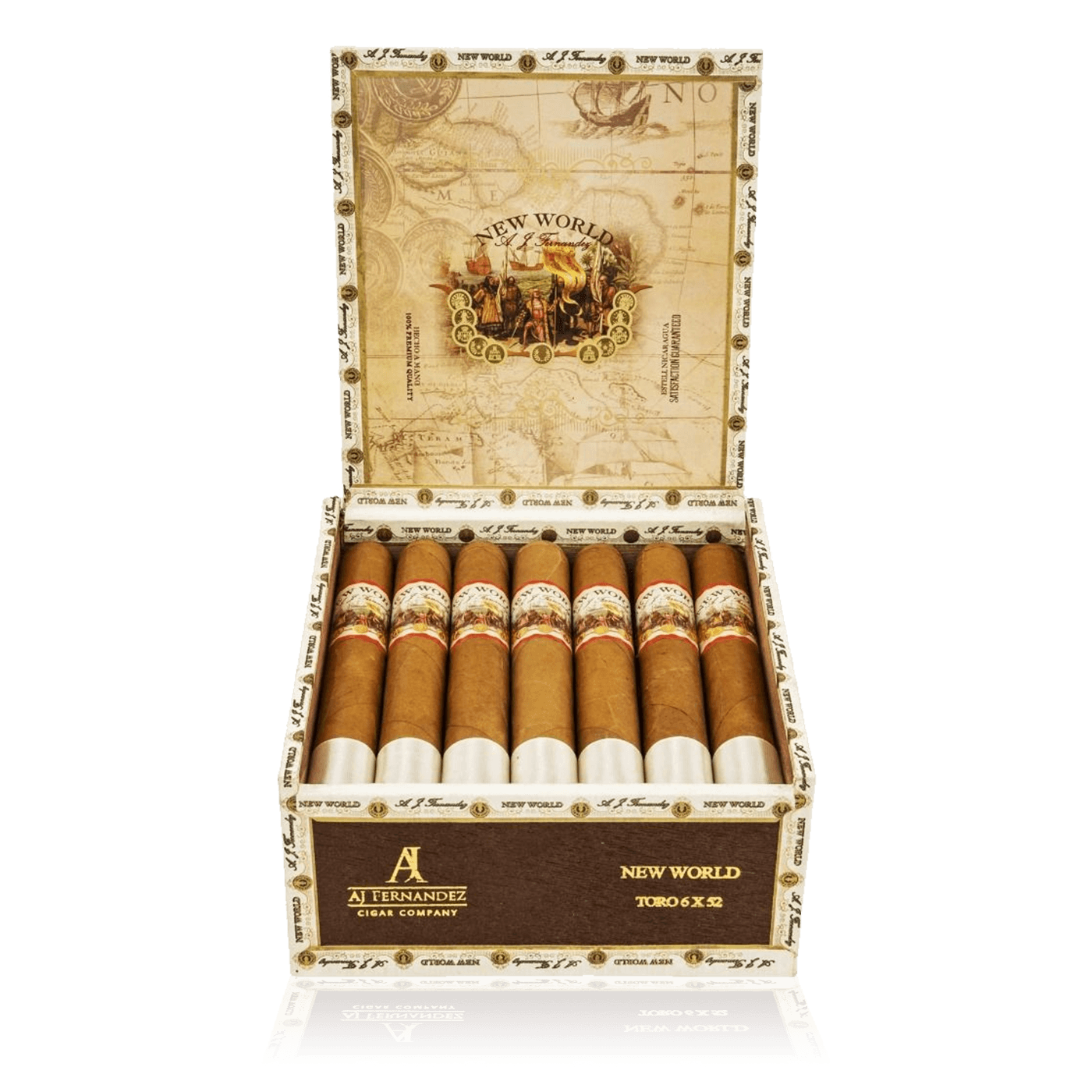 An open box of New World Connecticut cigars, featuring smooth, light-colored wrappers and detailed cigar bands