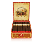 "An open box of New World Oscuro cigars, displaying dark, rich wrappers with detailed cigar bands