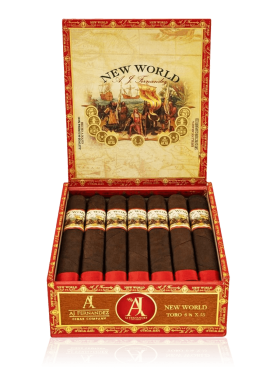 "An open box of New World Oscuro cigars, displaying dark, rich wrappers with detailed cigar bands