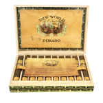 An open box of New World Dorado cigars, showcasing their golden Ecuadorian Sumatra wrappers and neatly arranged cigars, offering a medium to full-bodied smoke with creamy coffee, toasted almond, and subtle spice notes
