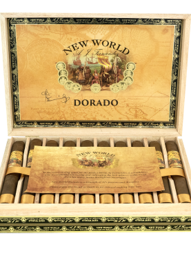 An open box of New World Dorado cigars, showcasing their golden Ecuadorian Sumatra wrappers and neatly arranged cigars, offering a medium to full-bodied smoke with creamy coffee, toasted almond, and subtle spice notes