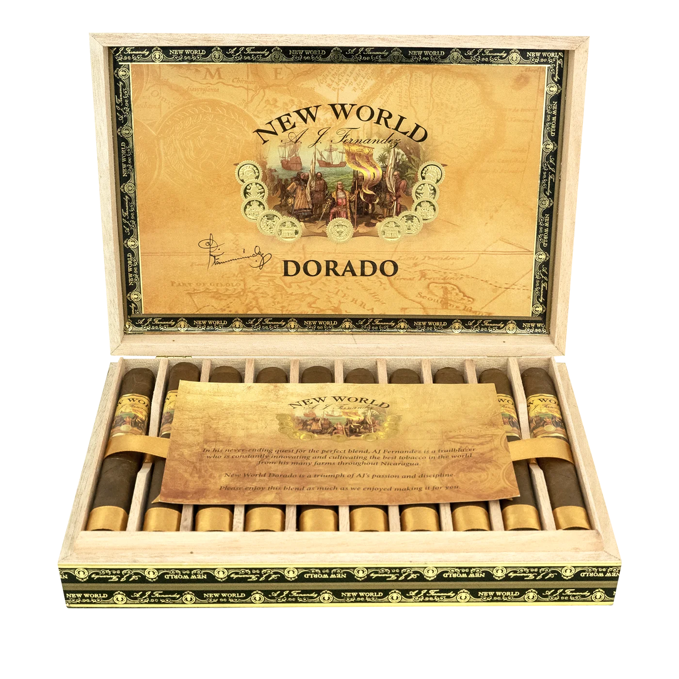 An open box of New World Dorado cigars, showcasing their golden Ecuadorian Sumatra wrappers and neatly arranged cigars, offering a medium to full-bodied smoke with creamy coffee, toasted almond, and subtle spice notes