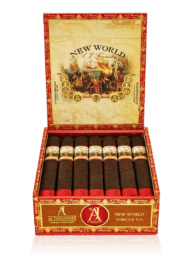 "An open box of New World Oscuro cigars, displaying dark, rich wrappers with detailed cigar bands