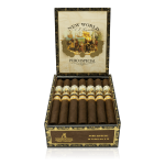 An open box of New World Puro Especial cigars, neatly arranged with rich brown wrappers and decorative cigar bands