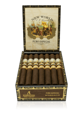 An open box of New World Puro Especial cigars, neatly arranged with rich brown wrappers and decorative cigar bands