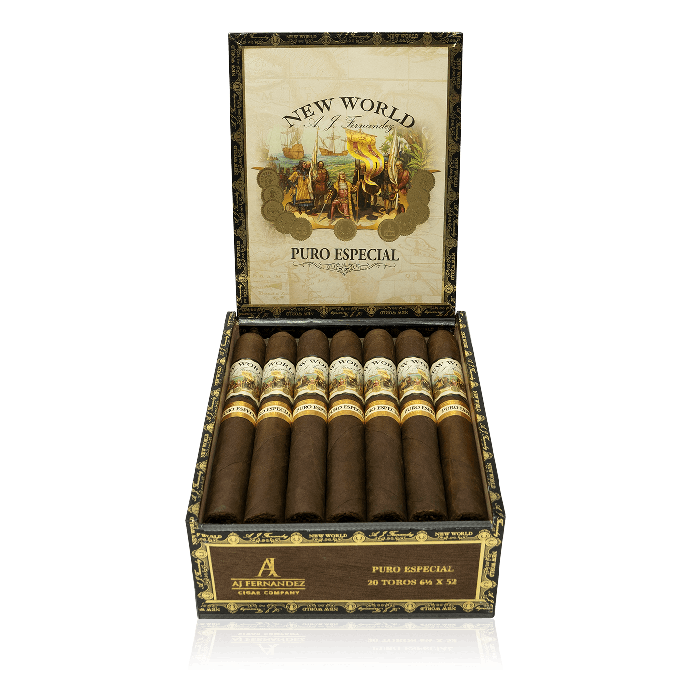 An open box of New World Puro Especial cigars, neatly arranged with rich brown wrappers and decorative cigar bands