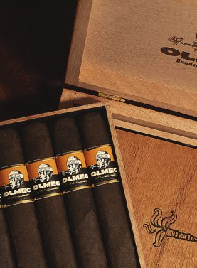 Open box of Olmec Maduro cigars, showcasing dark, oily wrappers and elegant presentation in a rustic, premium wooden box.