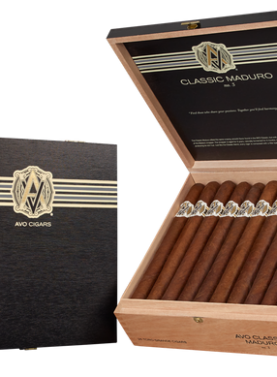 Open box of AVO Classic Maduro cigars showing dark Maduro wrappers and detailed bands.