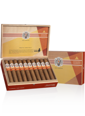 Open box of AVO Synchro Nicaragua Fogata cigars showing detailed bands and rich, dark wrappers.