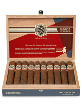 Open box of AVO Synchro Nicaragua cigars displaying rich brown wrappers and vibrant cigar bands.
