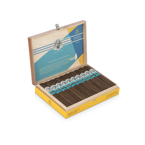 Open box of AVO Synchro Ritmo cigars neatly arranged, showing colorful bands and rich brown wrappers
