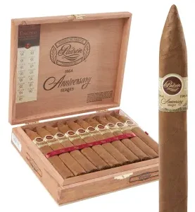 Open box of Padrón 1964 Anniversary Series Natural cigars with smooth, light brown wrappers and signature Padrón bands