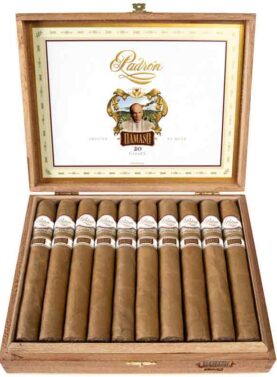 Open box of Padrón Damaso cigars with light, creamy wrappers and elegant Padrón branding