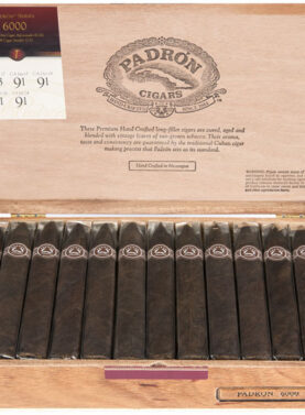 Open box of Padrón Maduro cigars with dark, oily wrappers and signature Padrón bands