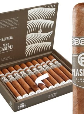 Open box of Plasencia Alma del Campo cigars, showcasing their smooth, golden-brown wrappers and elegant craftsmanship