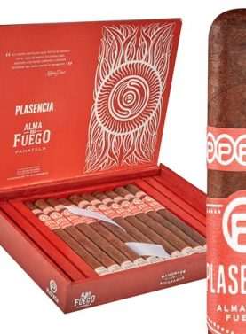 Open box of Plasencia Alma del Fuego cigars, showcasing their dark, oily wrappers and premium craftsmanship