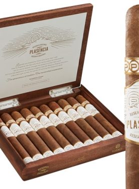 An open box of Plasencia Reserva Original cigars, showcasing their smooth, dark wrappers and elegant cigar bands