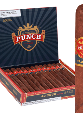 Open box of Punch Clasico cigars, showcasing premium handmade cigars