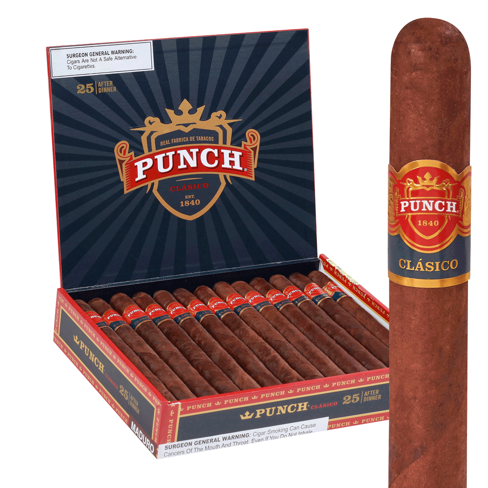 Open box of Punch Clasico cigars, showcasing premium handmade cigars