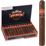 Open box of Punch Clasico Maduro cigars with dark, oily wrappers and bold red and gold bands.