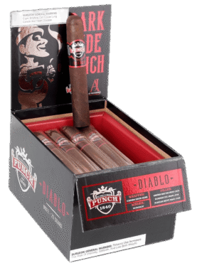Open box of Punch Diablo cigars with dark wrappers and striking red and black bands