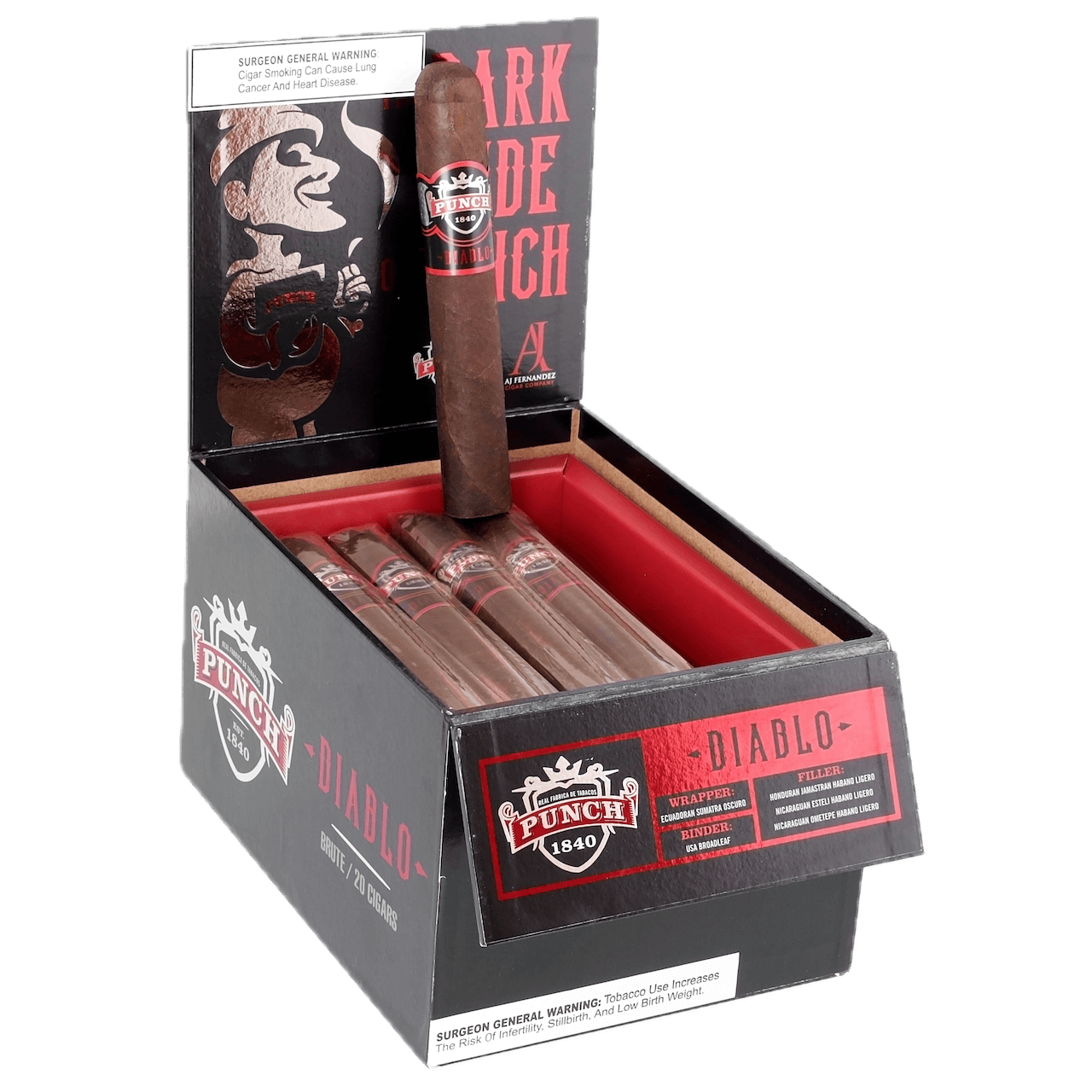 Open box of Punch Diablo cigars with dark wrappers and striking red and black bands