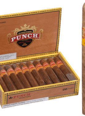Open box of Punch Gran Puro cigars with dark, oily Honduran wrappers and classic red and gold bands.