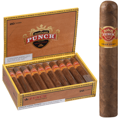 Open box of Punch Gran Puro cigars with dark, oily Honduran wrappers and classic red and gold bands.