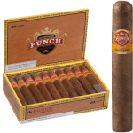 Open box of Punch Gran Puro cigars with dark, oily Honduran wrappers and classic red and gold bands.