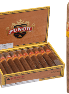 Open box of Punch Gran Puro cigars with dark, oily Honduran wrappers and classic red and gold bands.