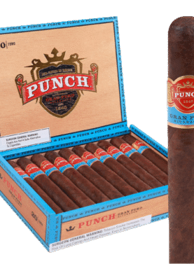 Open box of Punch Gran Puro Nicaragua cigars with rich brown wrappers and bold blue bands