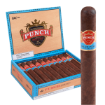 Open box of Punch Gran Puro Nicaragua cigars with rich brown wrappers and bold blue bands