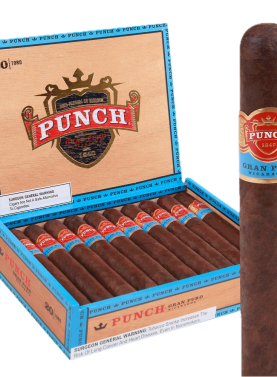 Open box of Punch Gran Puro Nicaragua cigars with rich brown wrappers and bold blue bands