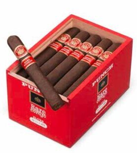 Open box of Punch Rare Corojo cigars neatly arranged in rows, showcasing the red and gold bands