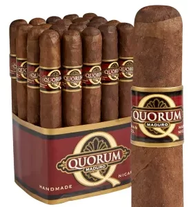 Single Quorum Maduro cigar in front of a bundle of 20 cigars.