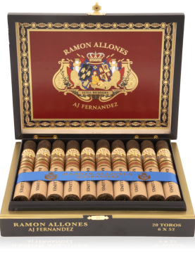 An open box of Ramon Allones cigars, showcasing their premium construction with smooth, dark wrappers and neatly arranged cigars, offering a full-bodied smoke with earthy, leathery flavors and a hint of spice