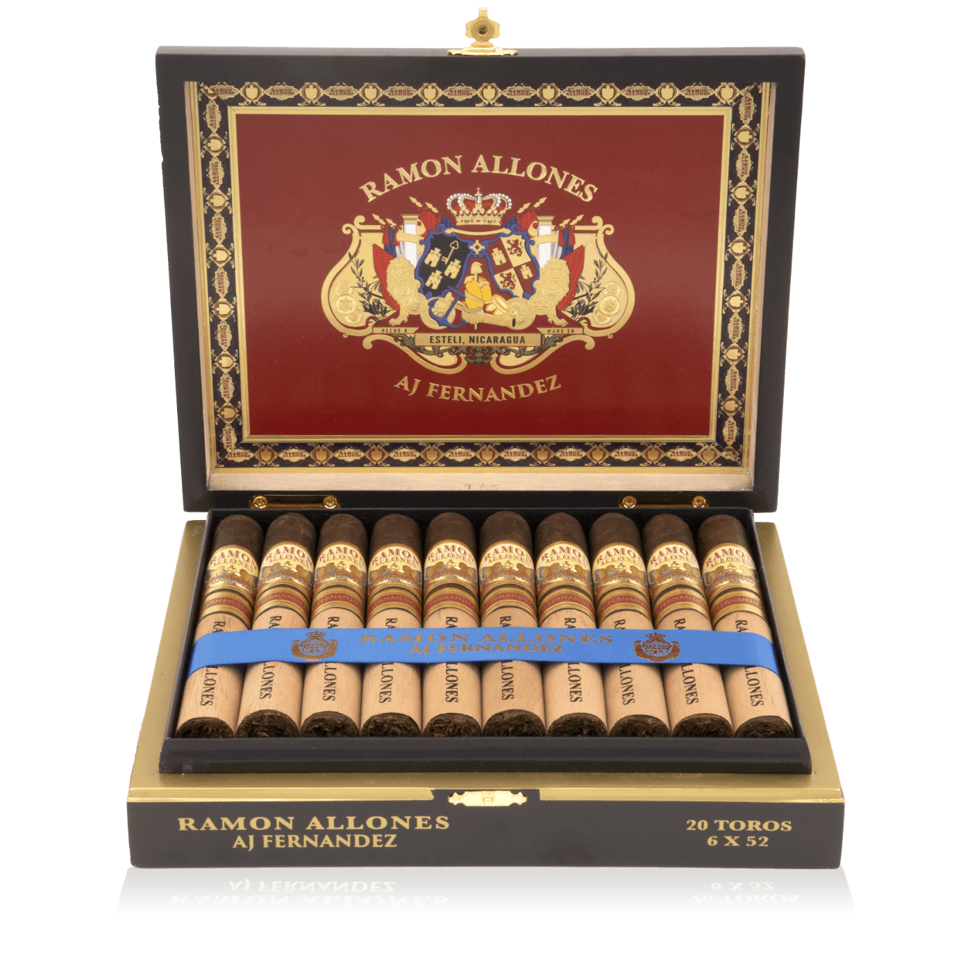 An open box of Ramon Allones cigars, showcasing their premium construction with smooth, dark wrappers and neatly arranged cigars, offering a full-bodied smoke with earthy, leathery flavors and a hint of spice