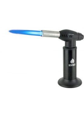 Refillable Jumbo Kitchen Butane Torch with a lit flame.