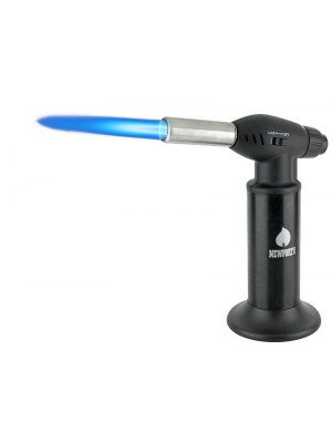 Refillable Jumbo Kitchen Butane Torch with a lit flame.