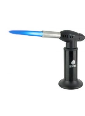 Refillable Jumbo Kitchen Butane Torch with a lit flame.