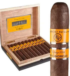 Open box of Rocky Patel 2006 San Andrés cigars, showcasing the cigars arranged neatly with their rich, dark wrappers.