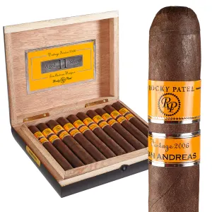 Open box of Rocky Patel 2006 San Andrés cigars, showcasing the cigars arranged neatly with their rich, dark wrappers.