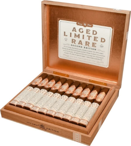 Open box of Rocky Patel A.L.R. Second Edition cigars, showcasing beautifully arranged cigars with rich packaging.