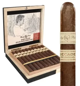 Open box of Rocky Patel Decade cigars, displaying dark Sumatra wrappers and elegant gold-and-black bands.