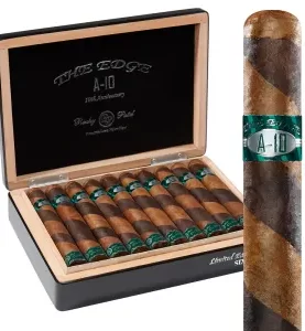 Open box of Rocky Patel The Edge 10th Anniversary cigars with dark Sumatra wrappers and bold commemorative bands.
