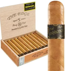 Open box of Rocky Patel The Edge Connecticut cigars with light golden Connecticut Shade wrappers and classic branding