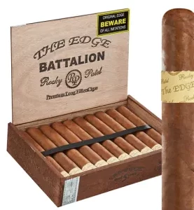 Open box of Rocky Patel The Edge Corojo cigars with rich, reddish-brown Corojo wrappers and bold, red-accented bands.