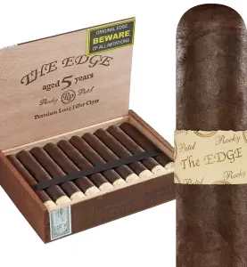 Open box of Rocky Patel The Edge Maduro cigars with dark, rich Maduro wrappers and bold, gold-accented bands.